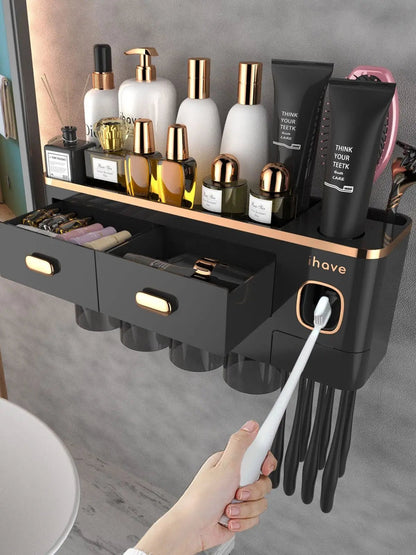 Toothbrush Holders for Bathrooms - Upgrade Wall Mounted with Toothpaste Dispenser 4 Cups Large Capacity Tray - Bama style